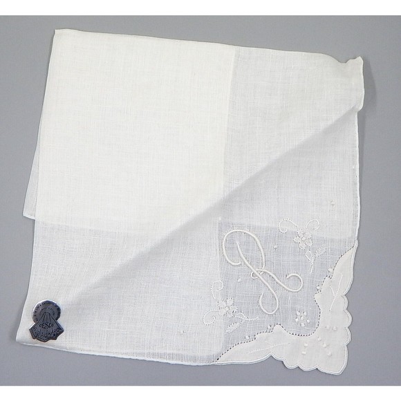 Desco Irish Linen Handkerchief Bridal Hanky Made in Madeira Monogram R Set of 2 - Picture 3 of 12